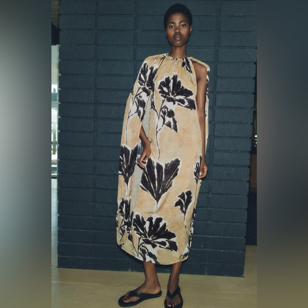 ZARA FLORAL PRINTED CAPE MAXI DRESS KAFTAN ZW COLLECTION BOHO Tan Navy XS S